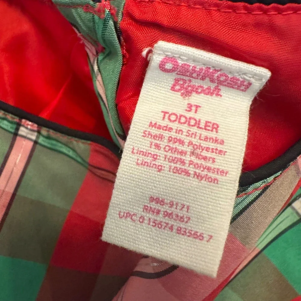 OshKosh B'gosh Holiday Dress Toddler 3T Red Green Plaid Ruffle Satin Sash 5443
